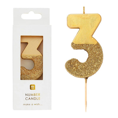 Gold Glitter Number Candle - 3 | Birthday Candles |