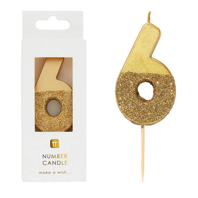 Gold Glitter Number Candle - 6 | Birthday Candles |
