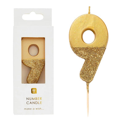 Gold Glitter Number Candle - 9 | Birthday Candles |