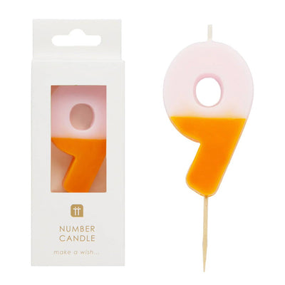 Orange & Light Pink Number Candle - 9 | Birthday Candles |