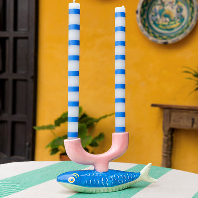 Blue & White Stripe Dinner Candles - Display | 4th of July Decor |