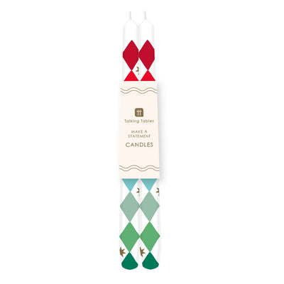 Red & Green Harlequin Taper Dinner Candles - 2 Pack
