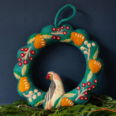 Partridge & Pear Felt Wreath - 10'' | Christmas Decor |