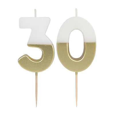 White & Gold Milestone Birthday Number Candle - 30