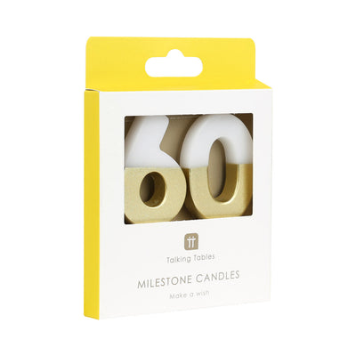 White & Gold Birthday Number Candle - 60 | Cake Candless |