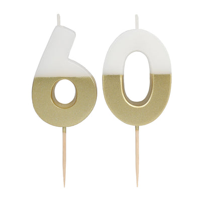 White & Gold Birthday Number Candle - 60 | Cake Candless |