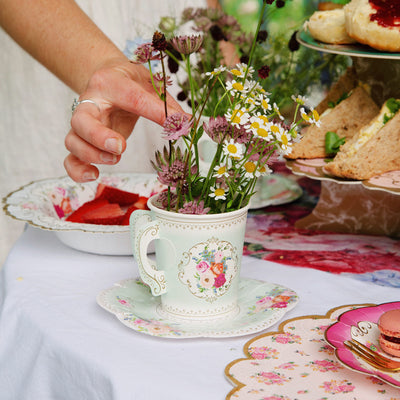 Floral Teacup & Saucer Set - 12 Pack | Tea Party Decor |
