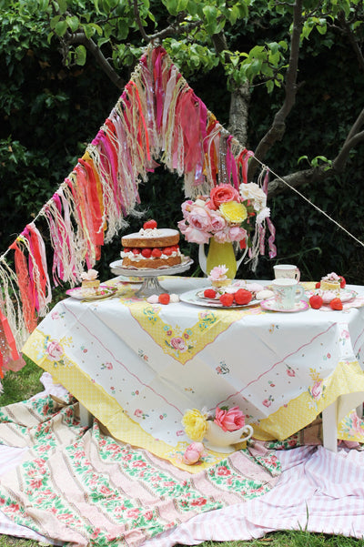Yellow & White Floral Paper Tablecloth | Tea Party Decor |