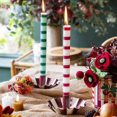 Burgundy Stripe Scalloped Candle Holder | Christmas |