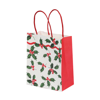 Holly White Christmas Paper Gift Bag - 8 Pack
