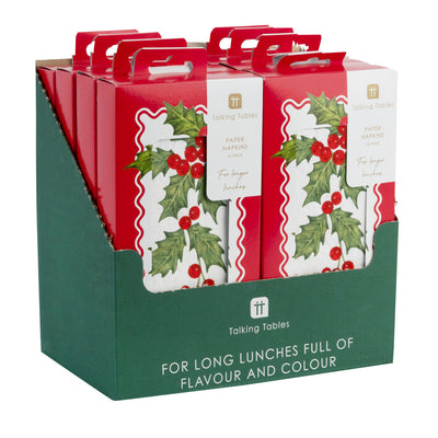 Holly Long Lunch Paper Napkins - 8 Pack Display | Christmas Decor |