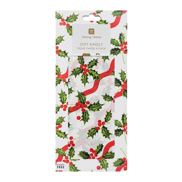 Holly White Christmas Tissue Paper - 4 Sheets