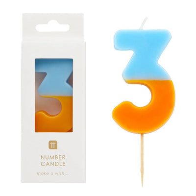 Orange & Light Blue Number Candle - 3 | Birthday Candles |
