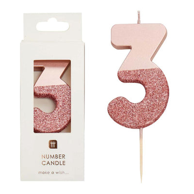 Rose Gold Glitter Number Candle - 3 | Birthday Candles |