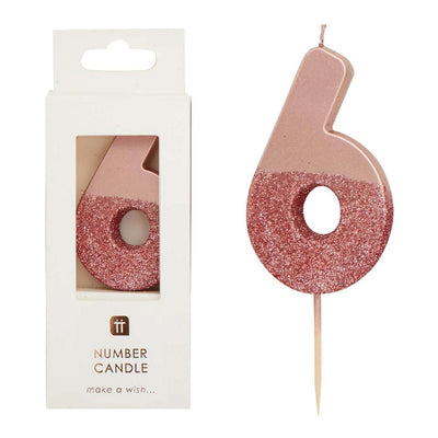 We Heart Birthdays Rose Gold Glitter Number Candle 6