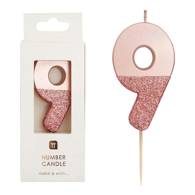 Rose Gold Glitter Number Candle - 9 | Birthday Candles |