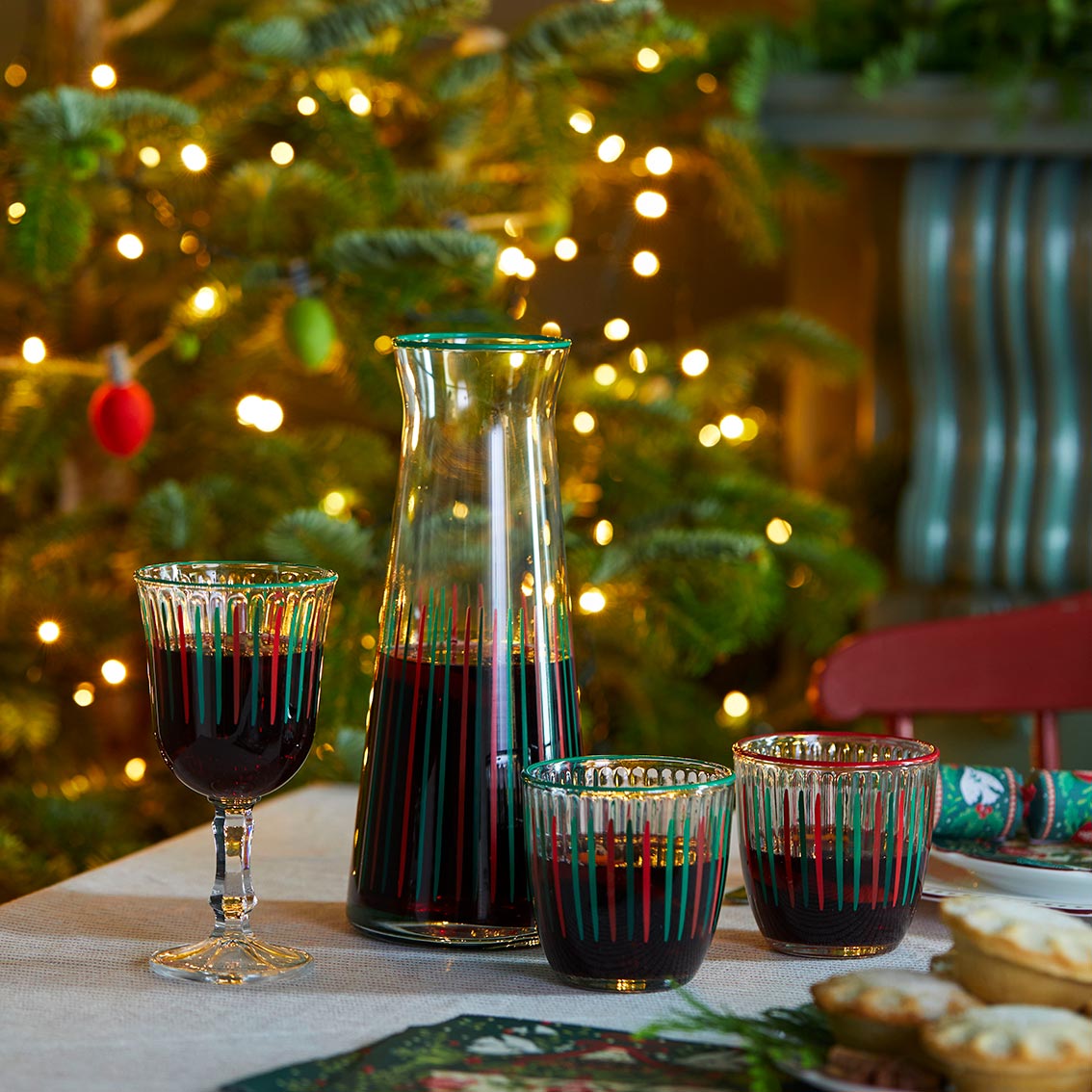 Red & Green Striped Glass Tumbler - 6 Pack