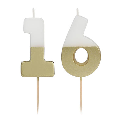 White & Gold Milestone Candle - 16 | Cake Candless |