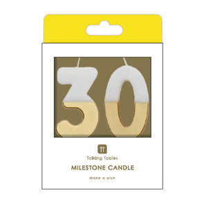 White & Gold Milestone Birthday Number Candle - 30