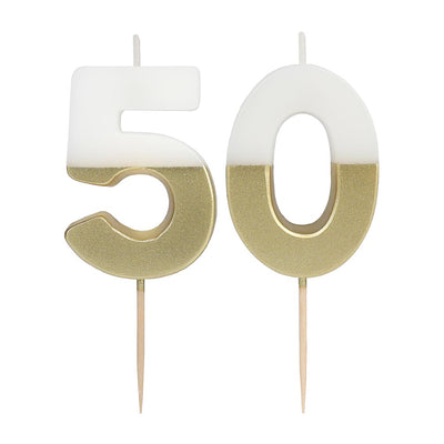 White & Gold Milestone Candle - 50 | Cake Candless |