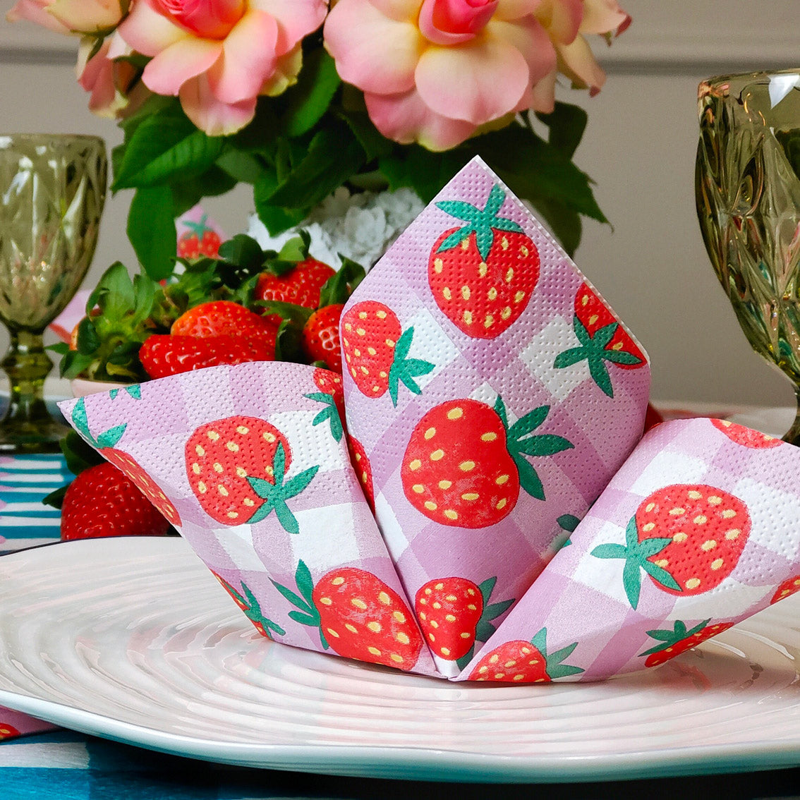 Mellow Strawberry Lilac Gingham Paper Napkins - 20 Pack