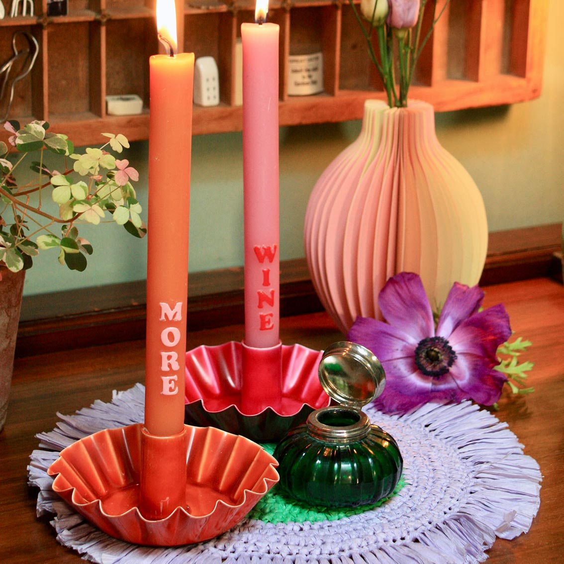 Scalloped Pink Metal Dinner Candle Holder