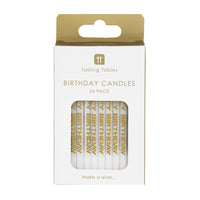 White & Gold 'Happy Birthday' Printed Candles - 24 Pack