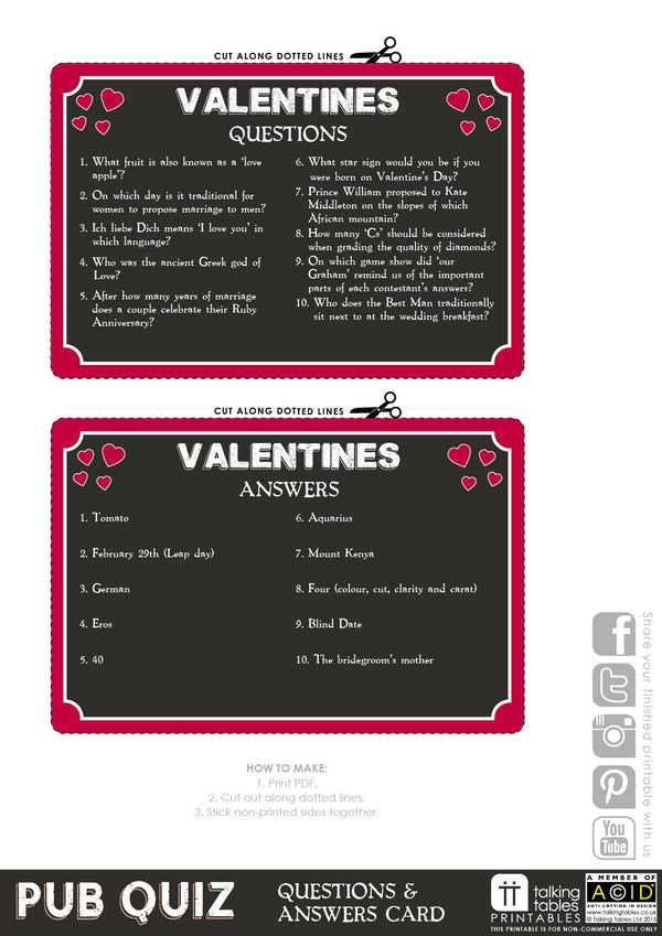 Talking Tables Printable - Pub Quiz Valentine Card